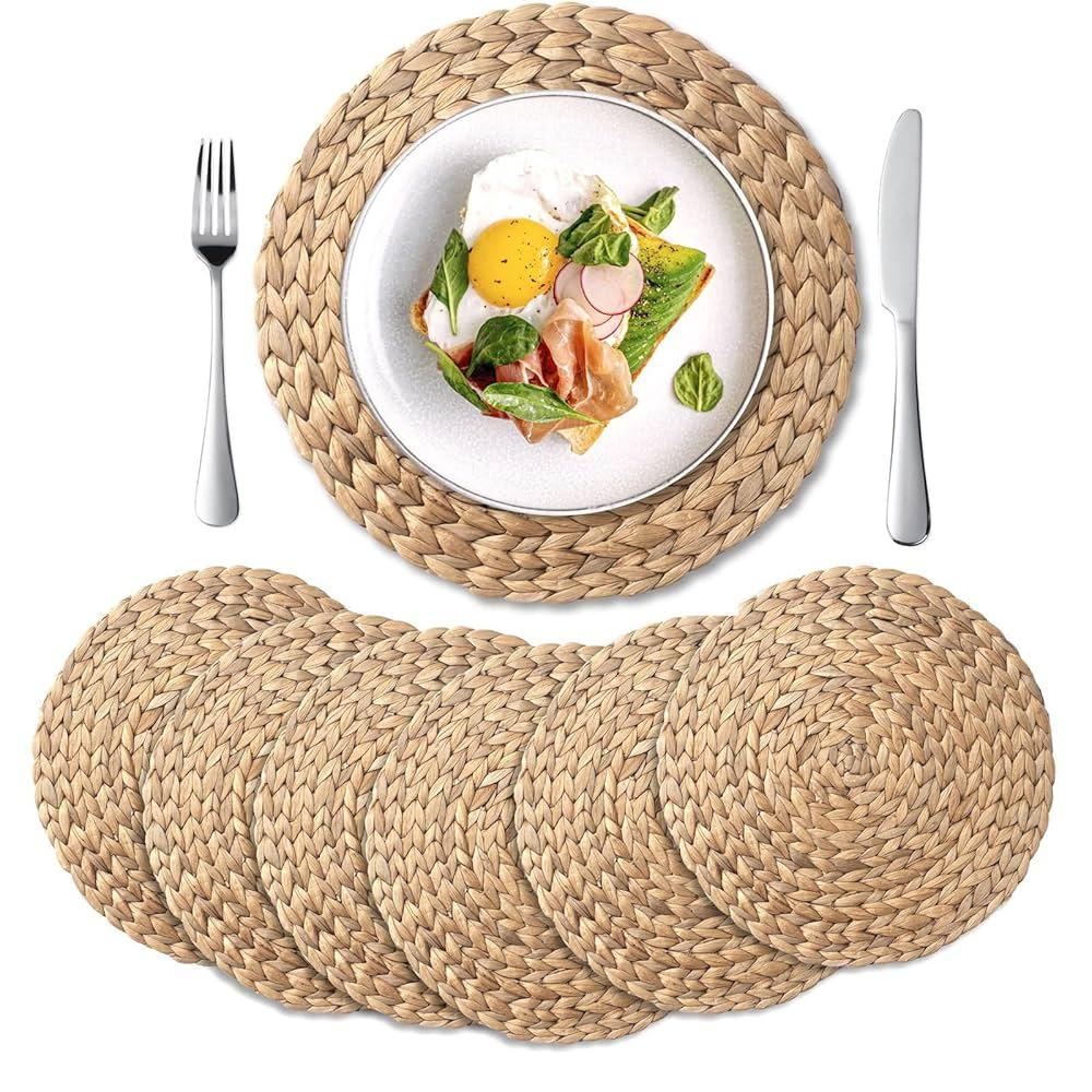 UNIGREEN Woven Placemats Set of 6, Round Rattan Placemats,Natural Hand-Woven Water Hyacinth Placemats,Farmhouse Weave Place Mats (Dia12' - Water Hyacinth)