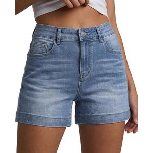luvamia Jean Shorts for Women High Waisted Mid Thigh Mom Stretch Denim Shorts Casual Summer Jorts Country Concert Outfit (Blue, S)