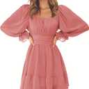 EXLURA Women's 2025 Casual Long Lantern Sleeve Dresses Square Neck Ruffle Tie Back Elastic Waist Aline Short Mini Dress (XS, Brown)