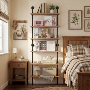 Pipe Industrial Shelves, Wall Mounted Wood Metal Ladder Rustic Bookshelf (Weathered Brown, 6 Tier - 10" D x 30" W x 82.5" H)
