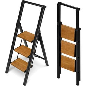 Taranta 3 Step Ladder, Portable Folding Ladder with Wide Pedal, Lightweight Aluminum Step Stool with Convenient Handgrip,330 lbs Capacity Stepladder for Home, Office-Black Woodgrain
