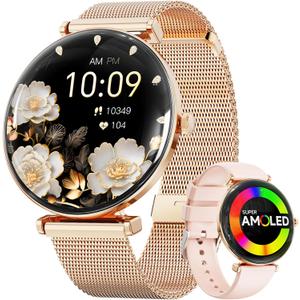 Hwagol Smart Watch[Call/Metal Slim] Android iPhone Compatible,1.43" Micro-Spherical AMOLED Smart Watches for Women,Fitness Tracker Pedometer/Sleep/Heart Rate Monitor(20mm Strap*2) (gold-pink)