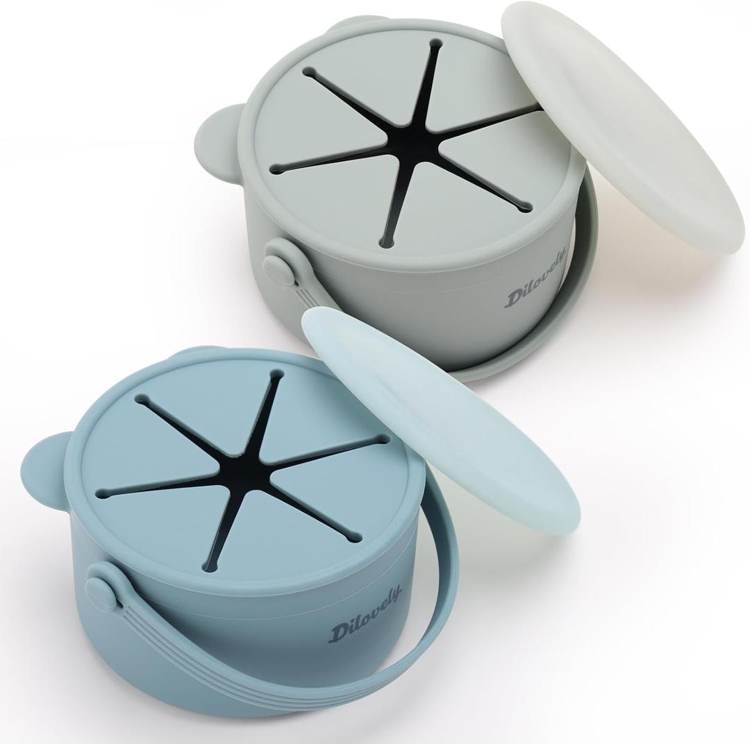 Silicone Snack Cups for Toddlers, Toddler Snack Containers, Baby Treat Catcher with DustProof Lid 2 Pack Dishwasher Safe & BPA Free 9 Oz (Light Blue Green)