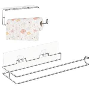 Paper Towel Holder Under Cabinet - Kitchen Roll Paper Towel Holder, Tissue Hanger Organizer Rack Wall Mount for Kitchen Under Cabinet Over Door, Bathroom, Sink, Pantry, Stainless Steel, Silver, 1 Pack