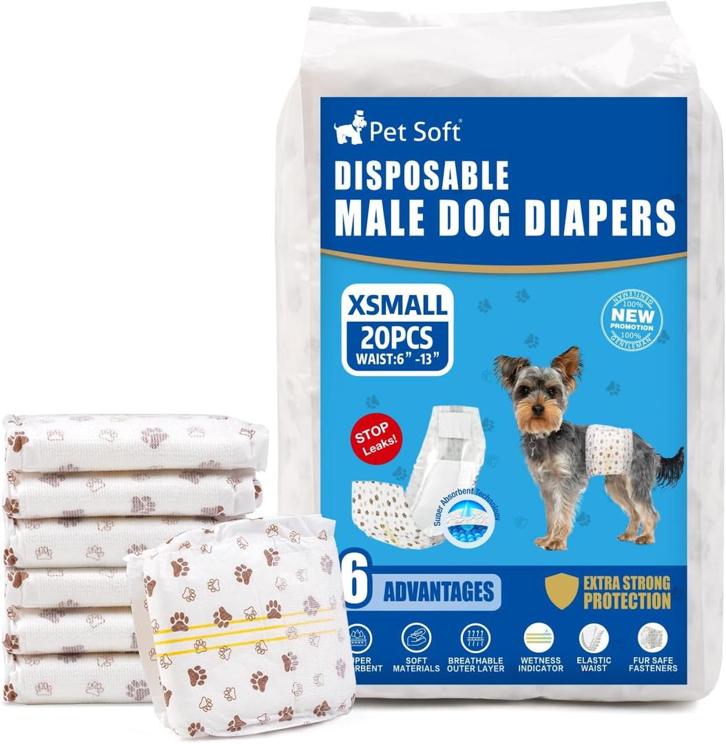 Pet Soft Dog Diapers Male - Disposable Male Dog Wraps Wetness Indicator, Ultra Absorbent Doggie Diapers Comfortable for Incontinence Excitable Urination, 20pcs XSmall