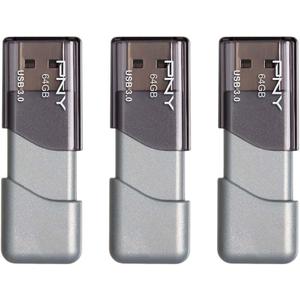 PNY 64GB Turbo Attach 3 USB 3.0 Flash Drive,Grey (Pack of 3)