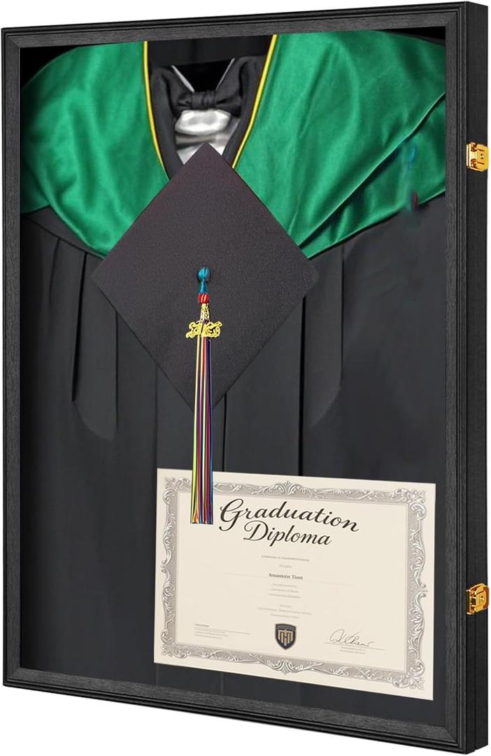 Tmegee Large Graduation Shadow Box - Graduation Gown Display, Wall-Mount Lockable Graduation Display Frame with Acrylic Glass Door for Graduation Keepsakes, Cap and Gown, Dioplma, Large Black