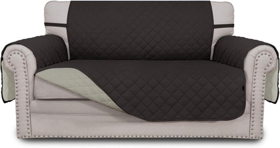 Easy-Going Reversible Loveseat Couch Cover for 2 Cushion Couch Sofa Cover for Dogs Water Resistant Furniture Protector with Foam Sticks Elastic Straps for Pet (Loveseat, Chocolate/Beige)
