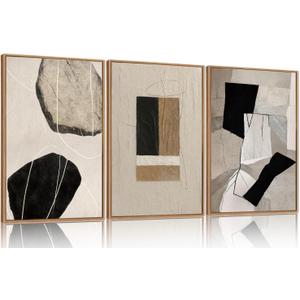 FWIEXA Large Neutral Abstract Wall Art Set of 3, Framed Modern Canvas Paintings for Living Room, Beige Black White Prints Artwork, 24x36 Inch Pictures Wall Decor for Bedroom, Bathroom, Hallway, Office