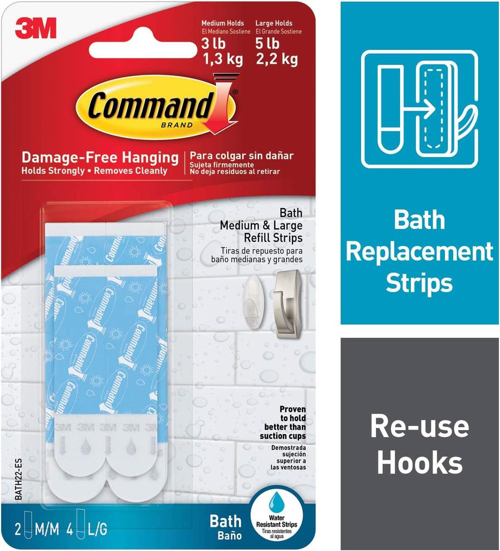 Command Medium & Large Water-Resistant Adhesive Refill Strips, Re-Hang Medium & Large Bath Hooks or Caddies, 6 packs (12 Medium Strips and 24 Large Strips total), BATH22-ES