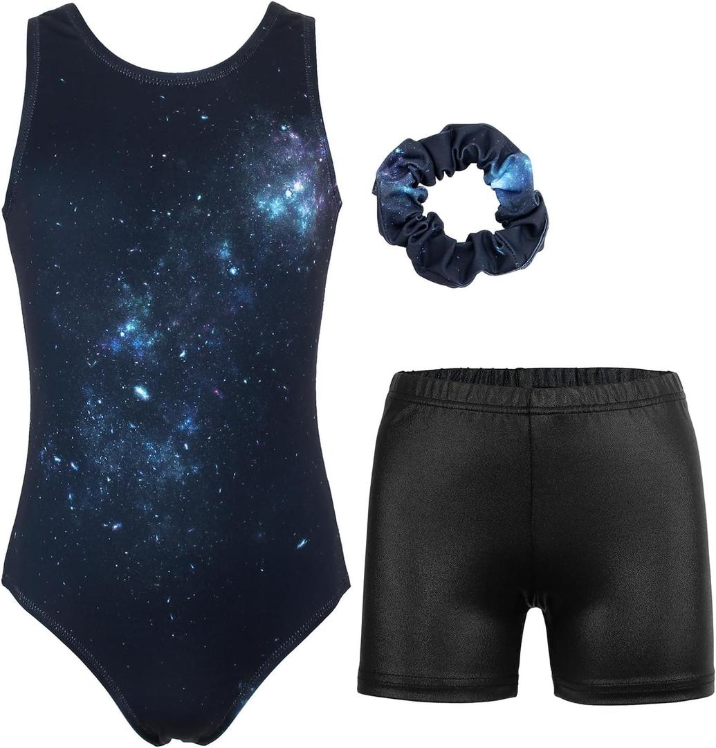JESKIDS Gymnastics Leotards for Girls Dance Unitards Biketards Matching Shorts Activewear Suits for Girls 4-13 Years (Black Cosmic)