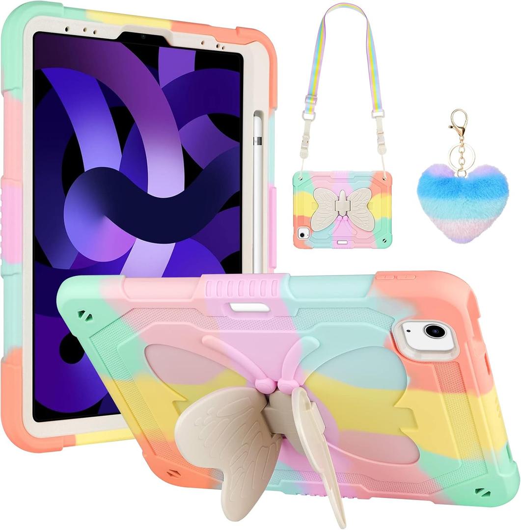 WESADN for iPad Air 5th Generation Case with Kickstand Lanyard Keychain Pencil Holder Rugged Heavy Duty Case for Girls Kids Protective Tablet Cover for iPad Air 4th Gen 2022 2020 10.9'' Rose Gold