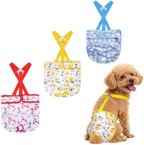 CZMIYRPY Female Dog Diapers 3 Pack Washable Dog Diapers Female Dog Diaper That Stay on Dog Diaper Female with Suspenders Reusable Doggie Diapers for Heat, Incontinence and Puppy Training (Small)