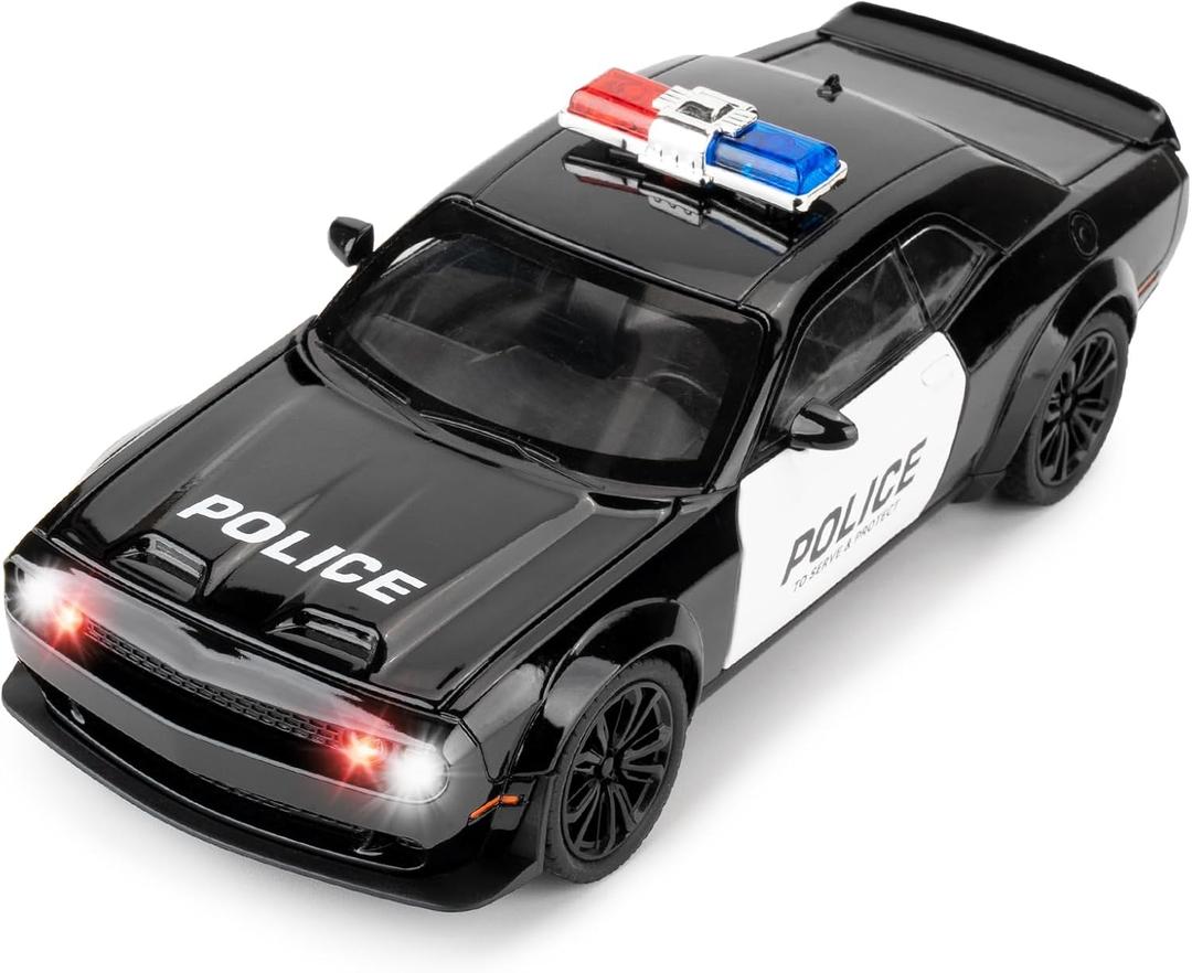 Police Car Model 1:22 Dodge Challenger SRT Hellcat Toy Diecast Collectible Toy with Lights and Sounds Decoration Model Car Toy Gift for Kids 3+