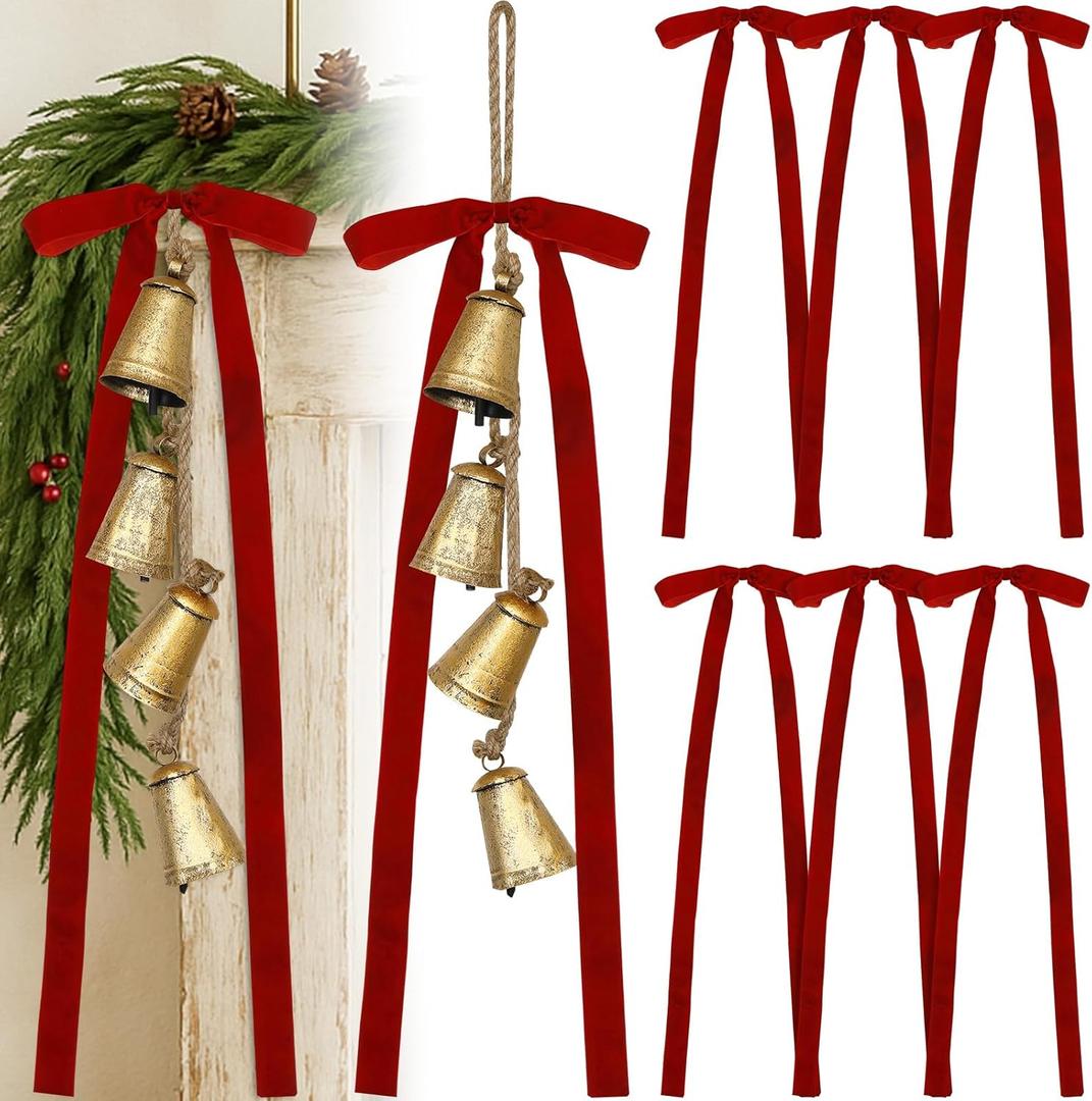 2 Pcs Christmas Cow Bells with 8 Pcs Red Velvet Christmas Bows Vintage Gold Bell Decorations with Hanging Rope Velvet Ribbon for Xmas Tree Wall Home Wreath Garland Staircase Indoor Outdoor