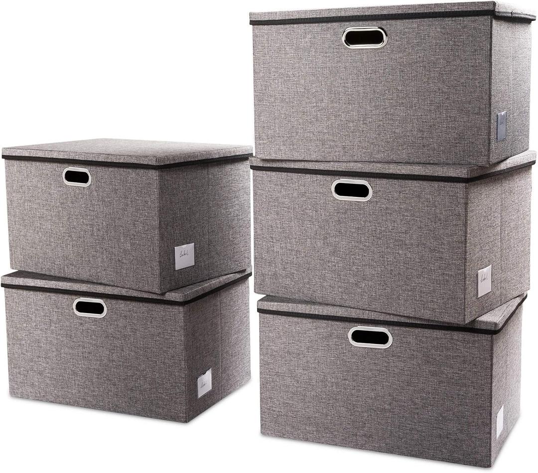 PRANDOM Extra Large Collapsible Storage Bins with Lids [5-Pack] Linen Fabric Foldable Storage Baskets Boxes Organizer Containers Cube with Cover for Bedroom Closet Office Nursery (22.8x15.75x13.8) (Gray)