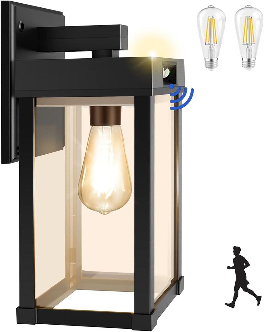 AEQ Solar Wall Lights Outdoor, Solar Wall Sconce with 3 Lighting Modes & Motion Sensor, Waterproof Porch Light with Clear Panel for Garage Porch Yard Front Door 5.8 x 5.8 x 13.58 in (Black-1Pack)