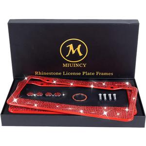 2Pack Red Rhinestone License Plate Frame with Gift Box,License Plate Frame for Women Men, Luxury Handmade, Diamon Firm Waterproof