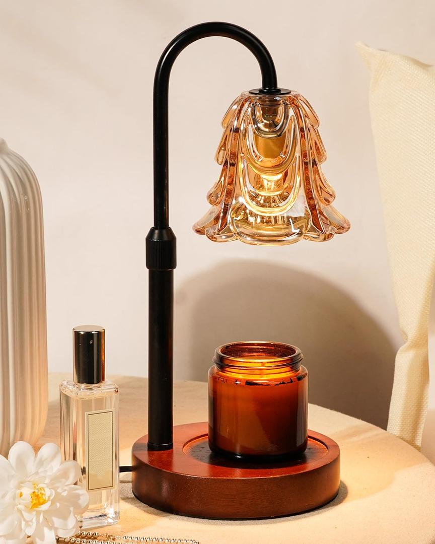 Small Candle Warmer Lamp with Timer, Adjustable Flower Lamp Warmer for Jar Candles, Unique Women Gifts for Birthday, Dimmable Candle Heater, Christmas Gifts, Cute Wax Warming Light with Wood Base (A3-Amber)