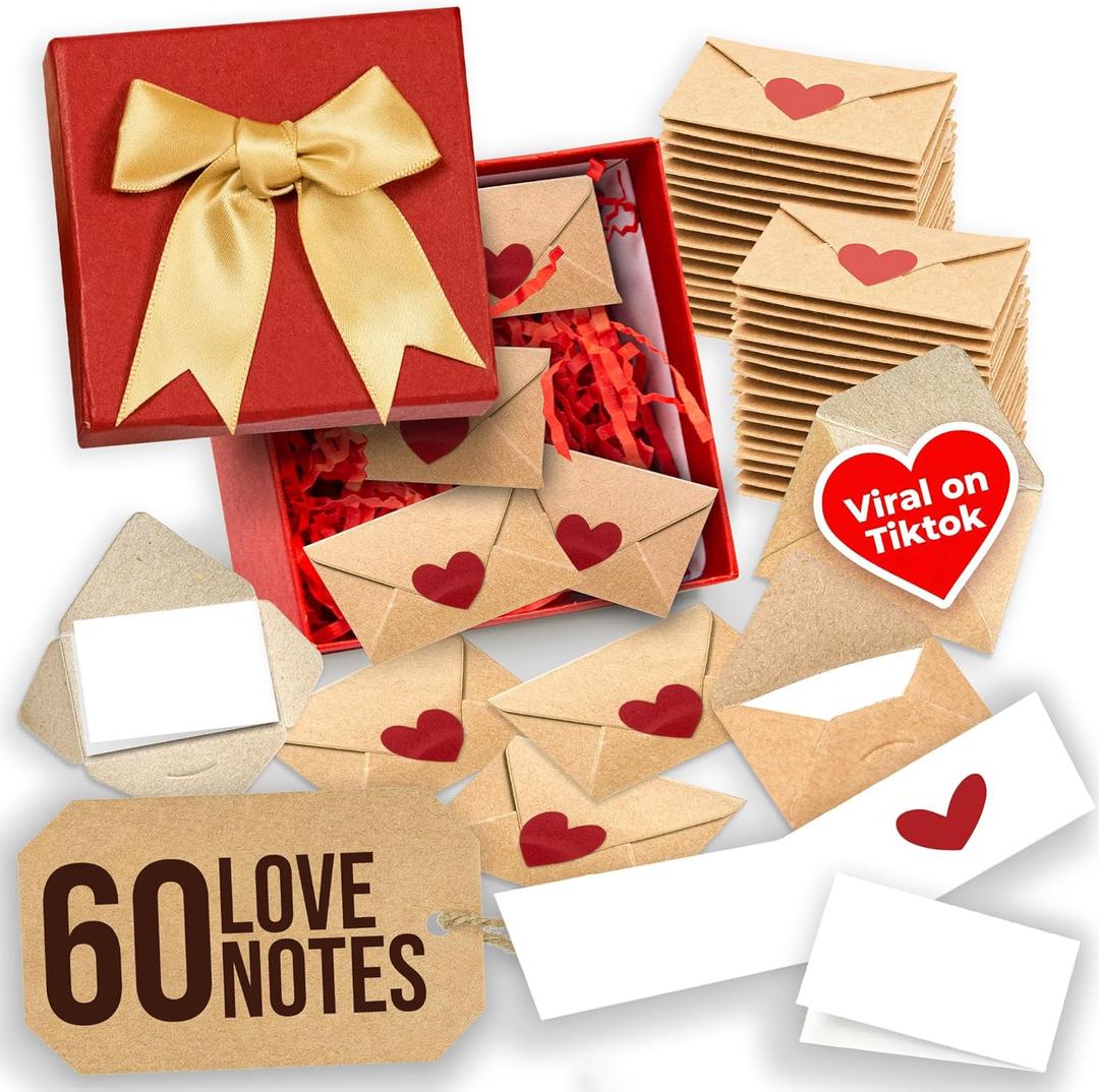Stofinity 60 Blank Note Cards And Envelopes - Mini Envelopes With Blank Cards, I Love You Gifts for Him, Her - Anniversary, Birthday Gifts for Boyfriend, Girlfriend, Husband, Wife - DIY Love Notes Box