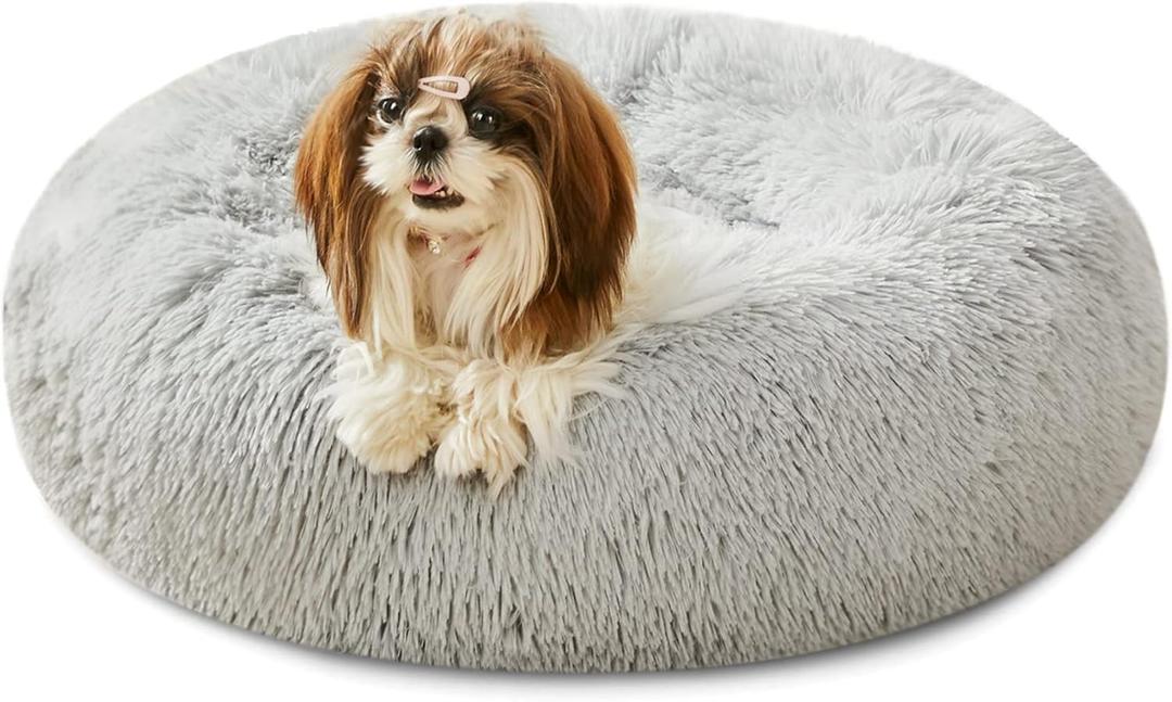 Calming Dog Bed & Cat Bed, Anti-Anxiety Donut Cuddler Beds, Cozy Soft Round Beds, Fluffy Faux Fur Plush Bed for Small Medium Dogs and Cats (24.0"L x 24.0"W x 8.0"Th, Shag Frost)