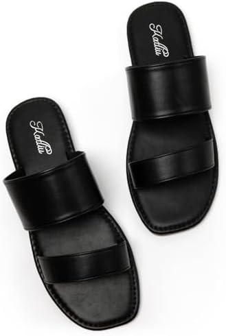 katliu Women's Flat Sandals Two Strap Slide Sandals Open Toe, 7.5, Black