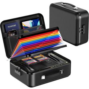 Fireproof Document Box with Lock, Waterproof Hard Shell File Organizer with Accordion Folder, Portable Fireproof File Safe Box for Home Office Storage of Documents, Laptop, Cash & Passports, 15" x 12" x 5"