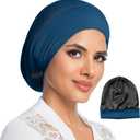 100% Mulberry Silk Lined Bonnet for Sleeping Women Anti-Frizz Hair | 19 Momme Real Silk Lined Frizz Control Night Cap for Curly Wavy Natural Hair Braids, Adjustable Hair Wrap Slouchy Beanie (Blue, M)
