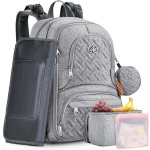 Diaper Bag Backpack, 6 in 1 Kit Baby Bags Large Travel Diaper Backpack for Boys and Girls with Washable Changing Pad, Extra Breast Insulated Cooler, Pacifier Case, Silicone Bag and Stroller Straps, Grey
