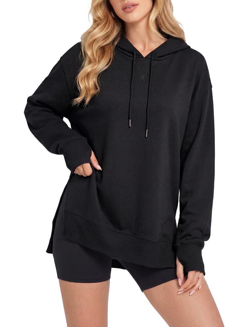 LYANER Women's Hoodies Side Slit Long Sleeve Thumb Hole Casual Loose Sweatshirts Black X-Large