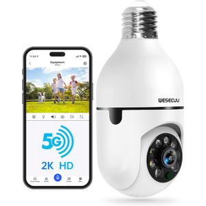 WESECUU Light Bulb Security Camera -5G& 2.4GHz WiFi 2K Security Cameras Wireless Outdoor Motion Detection and Alarm,Two-Way Talk,Color Night Vision,Human Detection, Bulb Camera Compatible with Alexa