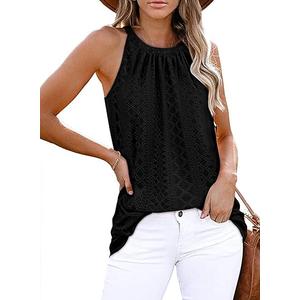 Zwurew Tank Top for Women Loose Fit High Neck Sleeveless Halter Tops Casual Pleated Eyelet Summer Flowy Cami Shirts Blouse (Small, Black)