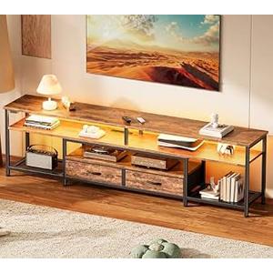 Huuger TV Stand for 75 80 Inch TV, Entertainment Center with Power Outlets and LED Lights, 70.9 Inch TV Console for Living Room, Media Console with Drawers and Shelves, Rustic Brown