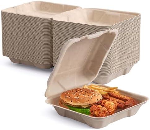 25 Pack Clamshell To Go Containers, 100% Compostable Disposable Take Out Food Containers, 6x6 inch Heavy-Duty To Go Boxes, Eco-Friendly Biodegradable Take Out Containers For Food