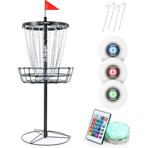Disc Golf Basket with 24/12 Heavy Duty Chains, Disc Golf Target with Adjustable Height/Sound Reducer & Remote LED Light & Light Up Discs, Durable Practice Goal with Ground Stake for Backyard