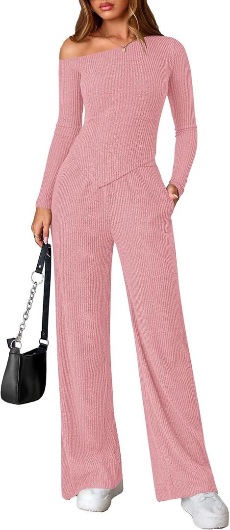PRETTYGARDEN Fall Two Piece Sets For Women 2025 Off Shoulder Tops Long Pants Knit Matching Lounge Set Airport Travel Outfits (Medium, Pink)