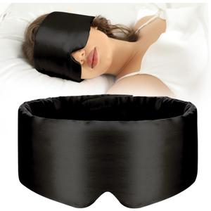 100% Mulberry Silk Sleep Mask Eye Mask for Women Man with Adjustable Band, for Side Sleeper Blackout Sleep Mask for Travel Rest and Office Large Size (Black)