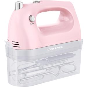 Lord Eagle Hand Mixer Electric Handheld 400W, 5-Speed Lightweight Kitchen Mixer with Storage Case, 5 Stainless Steel Attachments for Baking Cake Egg Cream Food Beater, Turbo+Eject Button, Pink