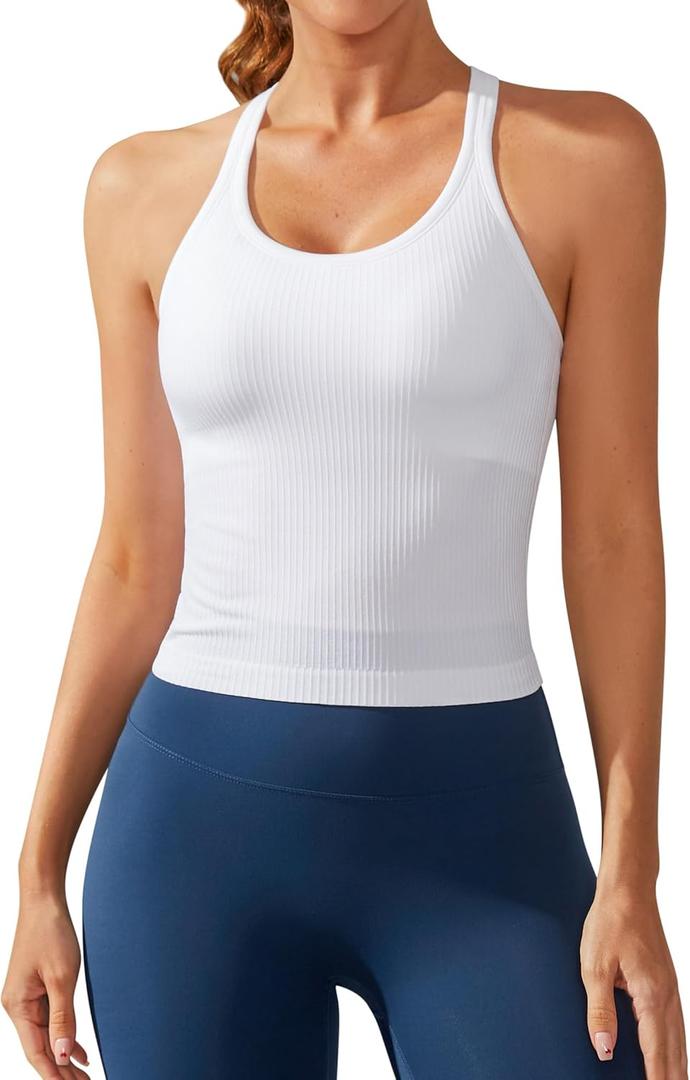 ATTRACO Women Ribbed Workout Crop Tops with Built in Bra Yoga Racerback Tank Top Tight Fit (8, White)