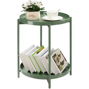 TeoKJ 2 Tier Green Side Table, Folding Round Metal End Table Small Nightstand with Two Removable Tray for Bedroom Living Room Bedside Small Spaces Dark Green, 17.1D x 17.1W x 21.2H in