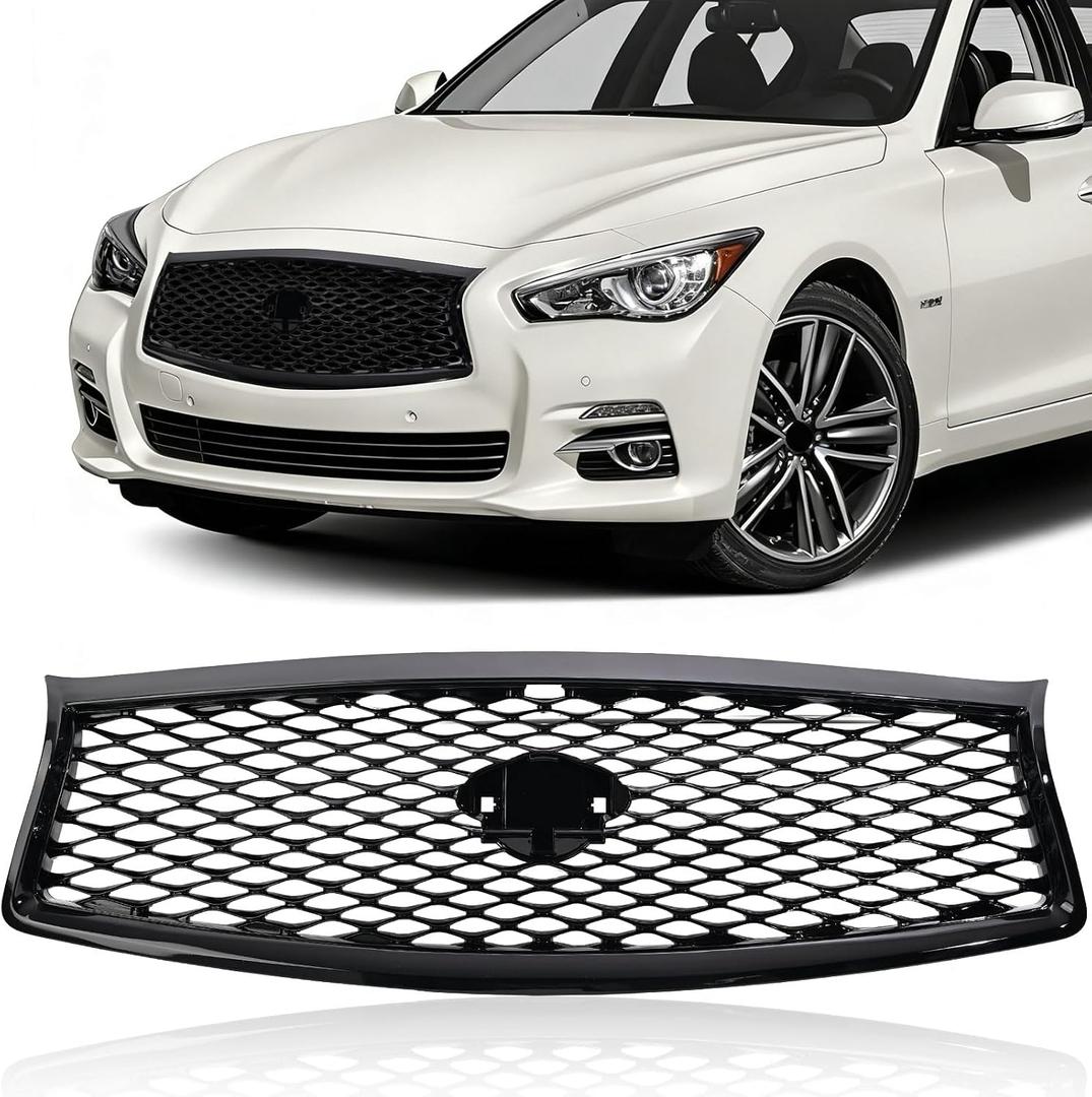Front Bumper Upper Grille accessories Compatible with 2014-2017 Infiniti Q50 Replacement Shroud W/Camera Hole Air Inlet Gloss Black Mesh Grill 623104HB1B