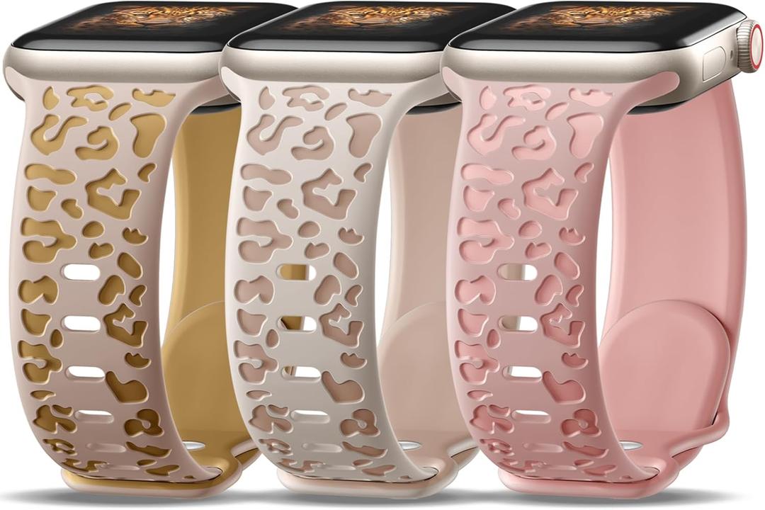 3 x 3 Pack Leopard Engraved Bands Compatible with Apple Watch in 38MM 40MM 41MM 42MM 44MM 45MM 49MM for Women Men, Soft Waterproof And Oodorless Silicone Bands for iWatch Bands Series 10-1 Ultra SE (D-Milk tea/Camel+Apricot/Champagne+Sand powder/Powder)