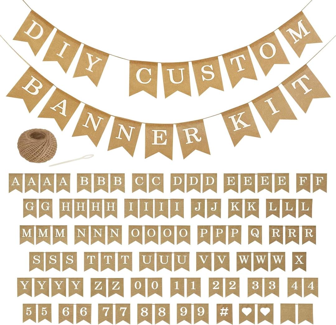 Custom Banner Kit, 97 Burlap Flags, White Printed Letters Numbers, 120ft Twine String & Needle, DIY Customizable Personalized Banner, Imitation Burlap