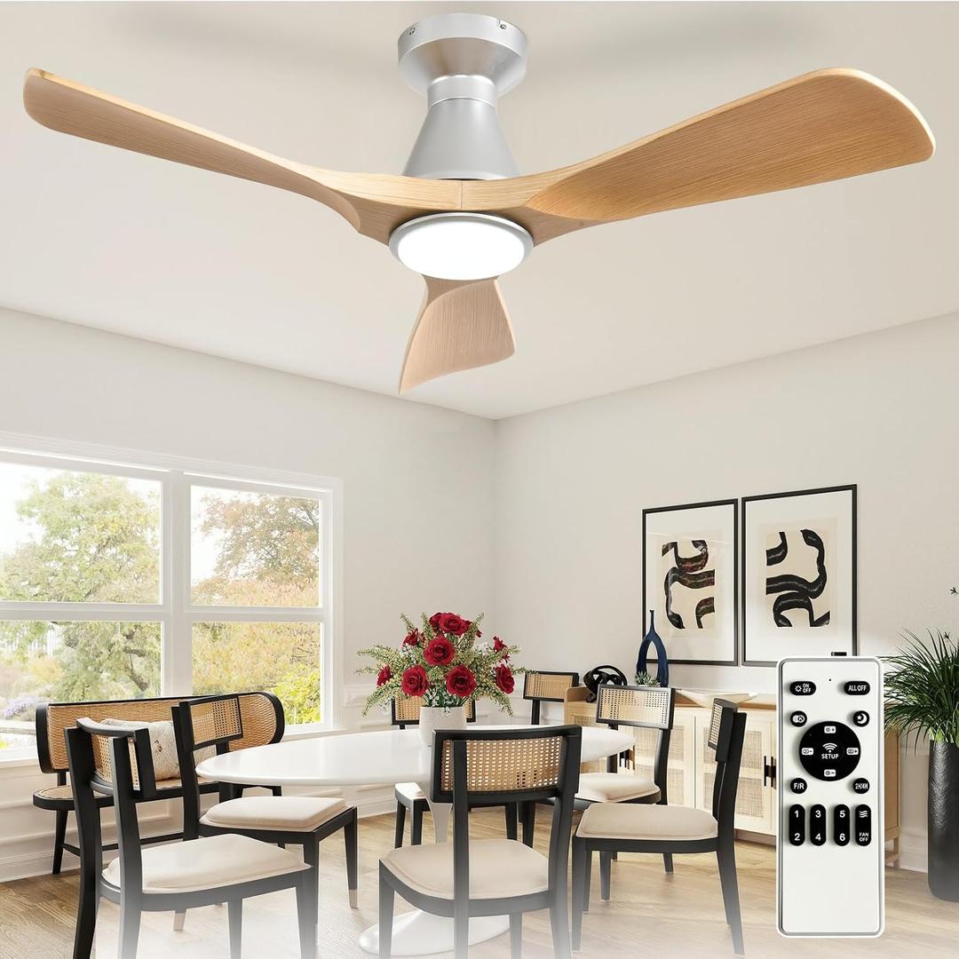 Depuley 42-Inch Ceiling Fans with Lights: Wood 3 Blade Flush Mount Low Profile Ceiling Fan for Bedroom - Dimmable Indoor Outdoor Fan with Remote Control Ultra Quiet DC Motor Timer