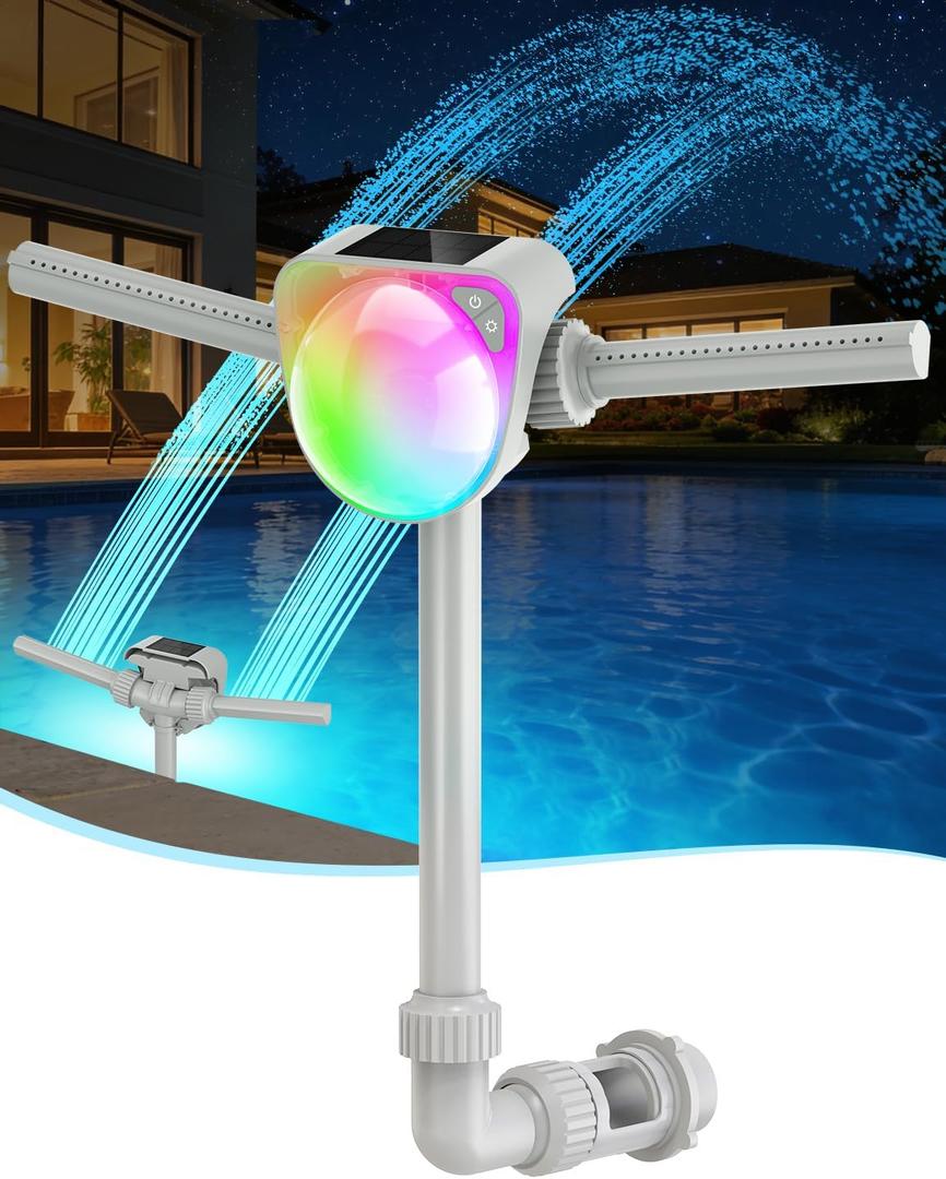 Solar Pool Fountain w/7-Color LED Lights, 2026 Dual-Head Adjustable Spray Pool Fountains for Above & Inground Pools, High-Pressure Waterfall & Pool Sprinkler Fountain for Cooling & Relaxation