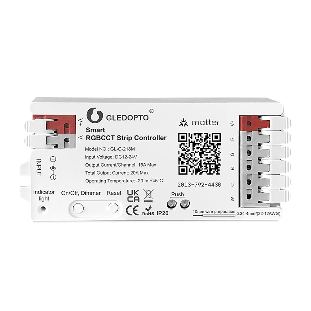 GLEDOPTO Matter RGBCCT LED Controller 20A Current Max for PWM Analog LED Strip Light APP Voice Control RGBW RGB Dimmable Work with Homekit Google  Echo Alexa (Matter Hub Required)