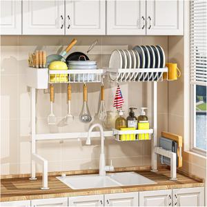 YKLSLH Over Sink Dish Rack - Extensible Large Drying Rack, Suitable for Most Sinks (26.57"-35"), Adjustable Metal Rack, Space Saving, White