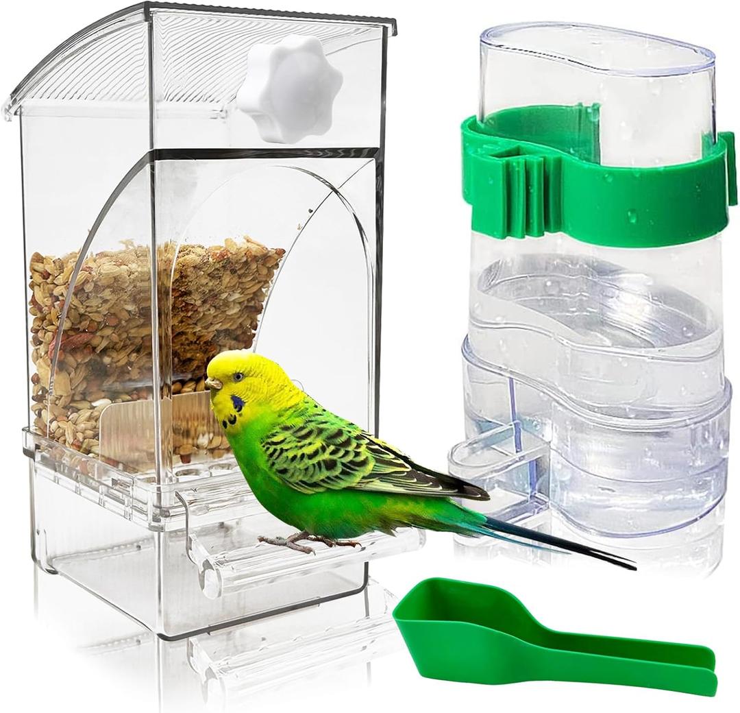 Hamiledyi No Mess Bird Feeders Water Dispenser Set Automatic Parakeet Cage Feeder with Perch Transparent Acrylic Container Parrot Cage Accessories for Canary Budgie Lovebirds Finches (Feeder + Drinking Bottle)