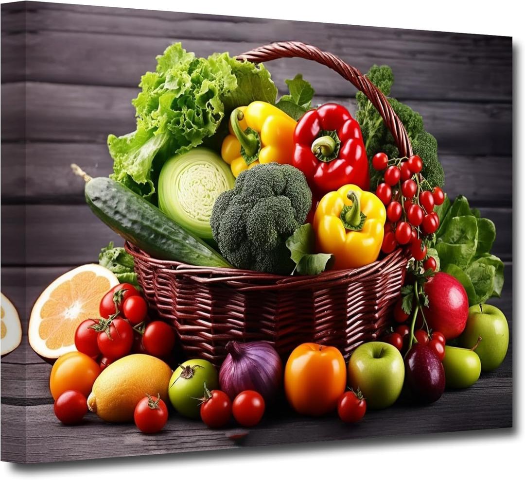 CXHOSTENT Kitchen Canvas Wall Art Fruit Picture Various Fresh Fruits Vegetable Painting Prints for Kitchen Restaurant Dining Room Decor Framed (Fruit-1, 16.00"x24.00")