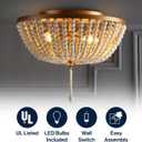 JONATHAN Y 15" Antique Gold/Cream Allison 3-Light LED Flush Mount Ceiling Light for Bedroom, Wood Beaded Shade Shabby Chic Farmhouse Rustic Decor, LED Bulbs Included (JYL9019A)